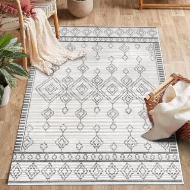Imagem de ESSMOKO Tapetes de área de estar, tapete nórdico retrô étnico, tapete de quarto, tapete de lã artificial, lavável na máquina, fácil de cuidar, 180 * 275 cm, padrão de diamante branco
