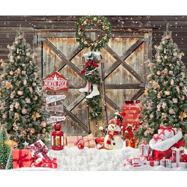 Imagem de Pano de fundo de Natal, 3 x 2,4 m, porta de madeira rústica para inverno, presente de árvore de Natal, boneco de neve, alegre, vintage, guirlanda sagrada, para fotos, retrato de bebê, adereços para