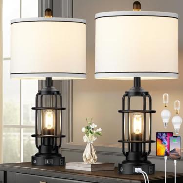 Imagem de Conjunto de 2 lâmpadas de mesa modernas, lâmpada de cabeceira industrial regulável de 3 vias com portas USB A+C e tomada CA, lâmpada de cabeceira LED com controle de toque de 63 cm, luz noturna para