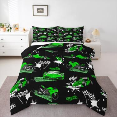 Imagem de Erosebridal Conjunto de edredom para meninos, carro de corrida, azul e verde, tamanho casal, carro esportivo de velocidade, esportes radicais, para crianças, meninas, adolescentes