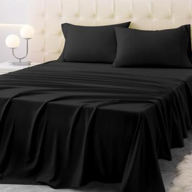 Imagem de Homilay Jogo de lençol casal - 4 peças de lençóis de microfibra macia com bolsos profundos, tecnologia de resfriamento e fronha sem vincos. Qualidade de hotel, roupa de cama durável, preto