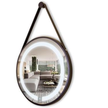 Imagem de Espelho Redondo Iluminado 45cm Borda Preto Com Alça Prática Suporte E Parafusos Inclusos Desing Moderno Para Ambientes Com Iluminação Sofisticada Ideal Para Todos Os Ambiente
