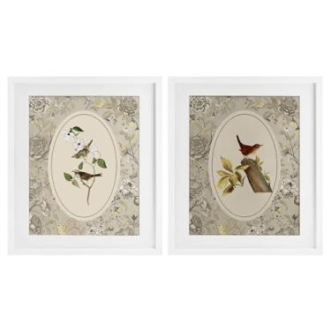 Imagem de Stupell Industries Conjunto vintage Birds & Toile com estampa emoldurada branca de 2 peças por Radhika Modi, 21 x 17
