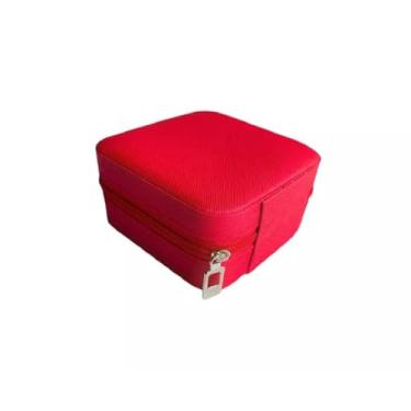 Imagem de Porta Jóias Compacto, Organizador de Bijuterias com Zíper, Estojo de Viagem em Couro Sintético, 10x10x5,5cm, Cores Variadas (Vermelho)