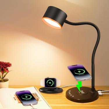 Imagem de Lâmpada de mesa de LED com carregador sem fio, portas de carregamento USB C + A, lâmpada de cabeceira de metal que cuida dos olhos, lâmpada de leitura regulável em 5 cores, luminária de mesa sensível