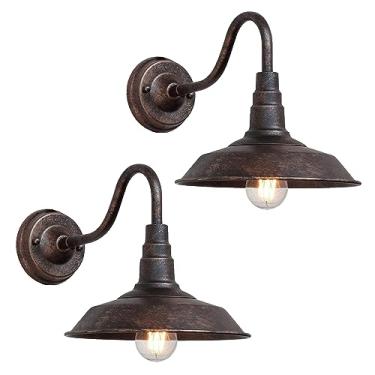Imagem de RIIGOOG Pacote com 2 lâmpadas para celeiro pescoço de ganso ao ar livre 25,4 cm luz de parede exterior retrô arte de ferro cúpula arandelas de parede antiferrugem à prova d'água para casa varanda