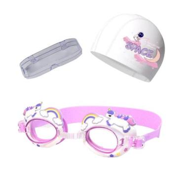 Imagem de Kit touca e óculos de natação infantil piscina com desenhos divertidos