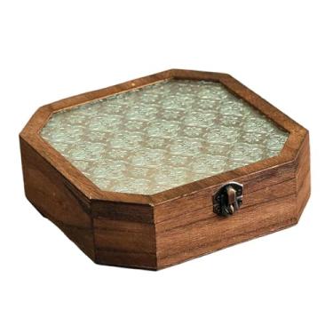 Imagem de Colaxi Caixa de armazenamento de madeira para joias, recipiente versátil, grande capacidade, caixa de bugigangas com tampa de vidro para pulseira, joias e, 20x20x5.8cm