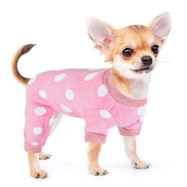 Imagem de Pijama para cães pequenos meninas menino inverno pijamas clima frio filhote 4 pernas suéter roupas para chihuahua yorkie macacão fofo roupas para animais de estimação vestuário casacos (grande, bolinhas)