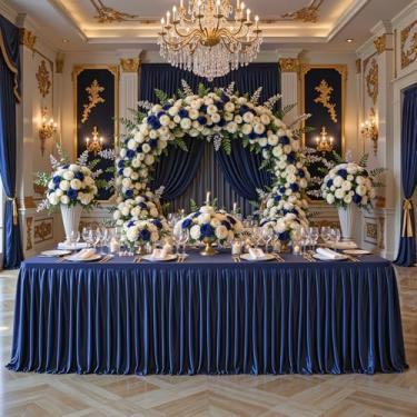 Imagem de Roupas de mesa de cetim azul marinho para mesas retangulares de 2,3 m – Toalhas de mesa retangulares com glitter resistentes a vincos, capas de mesa de festa para banquete de casamento, chá de bebê