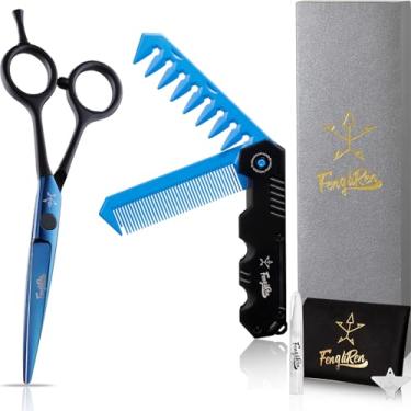 Imagem de Fengliren Tesoura profissional afiada para corte de cabelo de barbeiro, tesoura de cabeleireiro de 14 cm, feita de aço inoxidável para salão de cabeleireiro e uso doméstico (azul escuro)