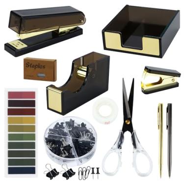 Imagem de Buqoo Grampeador de notas adesivas de acrílico preto e cortador de fita com removedor de grampo, tesoura, caneta esferográfica, notas adesivas, conjunto de clipes de papel para escola, casa, material