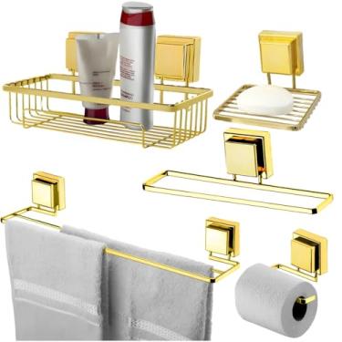 Imagem de Kit Banheiro Suporte Porta Shampoo Papel Higiênico Saboneteira Toalheiros Ventosa Dourado