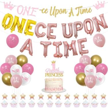 Imagem de Decorações de aniversário de 1º aniversário de princesinha para meninas Era uma vez faixa com glitter ouro rosa branco coroa castelo bolo topos balões de látex para menina conto de fadas princesa