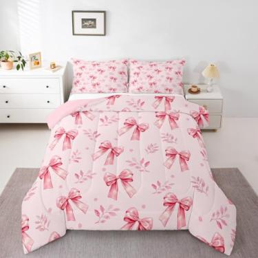Imagem de Feelyou Conjunto de edredom com laço em aquarela para todas as estações, estilo princesa sonhadora, com 2 fronhas, fofo, laço, microfibra, roupa de cama casal, para decoração de quarto, edredom