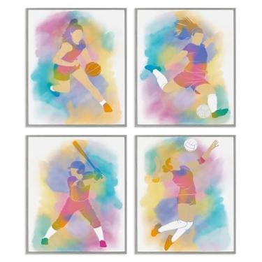 Imagem de Stupell Industries Conjunto de arte giclée emoldurado cinza colorido feminino esportivo 4 peças, design por Marcus Prime, 14 x 11
