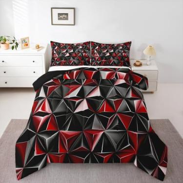 Imagem de Feelyou Conjunto de edredom geométrico 3D, arte moderna, para crianças, meninos, meninas, vermelho, geométrico, abstrato, decoração de quarto, microfibra, 3 peças com 2 fronhas