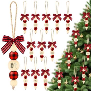 Imagem de Loetere 24 peças de enfeites de árvore de Natal com contas de madeira, enfeites de Natal xadrez búfalo com palavras de bênção, casa de fazenda, decorações de Natal rústicas, com contas vermelhas e
