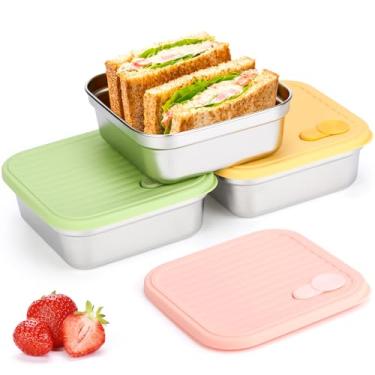 Imagem de Honeydak 3 recipientes de sanduíche de aço inoxidável a granel reutilizável lancheira bentô armazenamento de alimentos com tampa à prova de vazamento para salgadinhos de salada de frutas, funcionários
