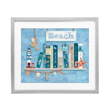 Imagem de Stupell Industries Painel de prateleira de livros Beachy Impressão emoldurada cinza sob vidro, design por Emma Leach, 33 x 40