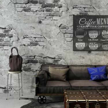 Imagem de ESSMOKO Papel de parede retrô tijolo padrão nostálgico cimento cinza estilo industrial PVC material impermeável papel de parede não autoadesivo cinza escuro