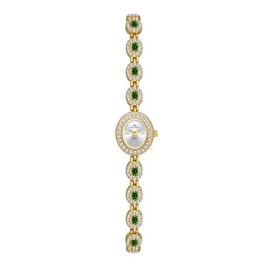 Imagem de FANMIS Relógios de pulso femininos de luxo com mostrador oval exclusivo, relógio vintage com pulseira de diamante, relógio de pulso moderno de quartzo, à prova d'água, Dourado, verde