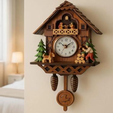 Imagem de Relógio De Parede Cuco Vintage Madeira Colorido Retrô Relógio E Despertador Passarinho Estilo Europeu Decorado Premium