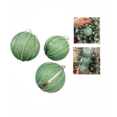 Imagem de Kit 3 Bolas Natal Verde com Gliter e Adornos Prata 8 cm Luxo - Bella f