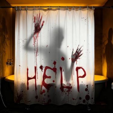Imagem de MEHOFOND Cortina de chuveiro de terror de Halloween Bloody Help Me Cortina de chuveiro para banheiro, Halloween, mãos sangrentas, festa, decoração de casa assustadora, tecido impermeável, cortina de