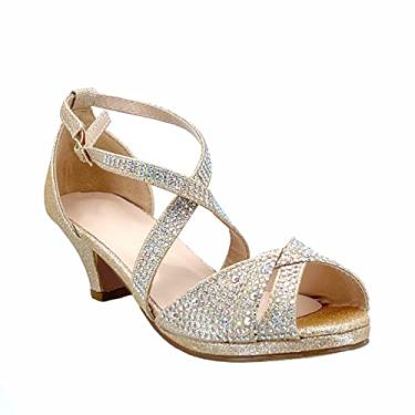 Imagem de ABSOLEX Sandália infantil para meninas/crianças pequenas/crianças grandes com tiras cruzadas abertas com strass elegante salto baixo, Champanhe, 9 Toddler