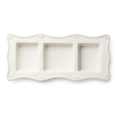 Imagem de Bandeja de grés Heritage Ivory com 3 seções – Servidor dividido elegante de 38 cm x 18 cm para condimentos, molhos e aperitivos – Peça divertida de inspiração vintage com detalhes esculpidos