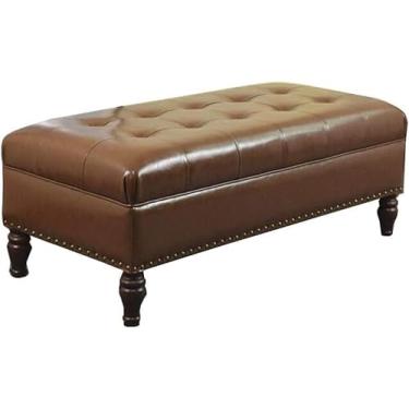 Imagem de Banqueta retangular otomana de armazenamento com tampa articulada, banco de sofá de couro sintético para sala de estar, quarto, banco de cama (cor: marrom, tamanho: 60 cm)