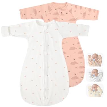 Imagem de Pacote com 2 sacos de swaddle de transição com mangas e punhos de luvas, saco de dormir com zíper de 2 vias, cobertor vestível para recém-nascidos, ajuste confortável, acalma o reflexo do assustador