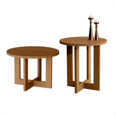 Imagem de Mesa de Canto para Sala, Mesa de Canto Sofa, Conjunto 1 Mesa Lateral E 1 Mesa de Centro Redonda Madeira Estilo Retrô para Sala de Estar Decoração(Nature)