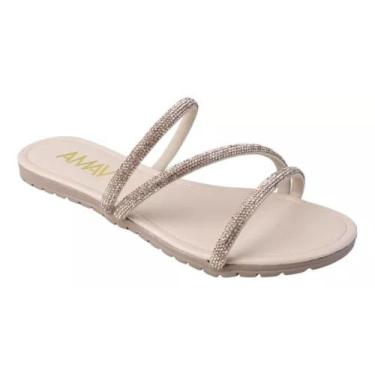 Imagem de Rasteira Feminina Sandália Brilho Tiras Strass Rasteirinha - AMAV