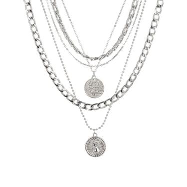 Imagem de Colares com pingente de moeda em camadas grossas para mulheres, corrente de elos cubanos, vintage, punk, Halloween, despedida de solteiro, férias, acessório, Large, Liga de aço, Sem Pedra Preciosa