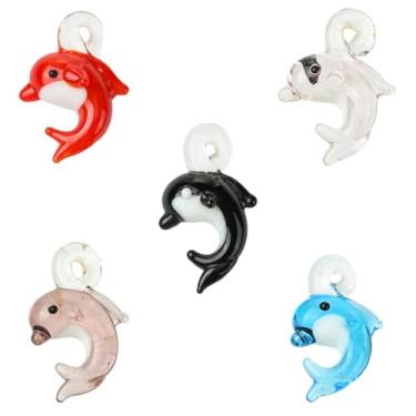 Imagem de UR URLIFEHALL 5 peças, 5 cores, berloques de vidro feitos à mão com golfinhos, lindos pingentes de vida marinha em 3D para colar e pulseira faça você mesmo