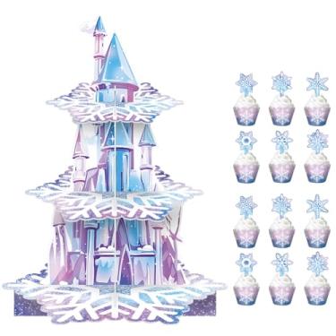 Imagem de Suporte de bolo de festa de floco de neve de 3 camadas, design de castelo de gelo azul-roxo, 12 invólucros de cupcake e 12 topos de bolo para meninas, aniversário, chá de bebê, inverno, princesa
