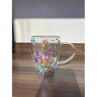 Imagem de Caneca Xícara de vidro duplo com flores artificiais no interior 350ml (02-B)