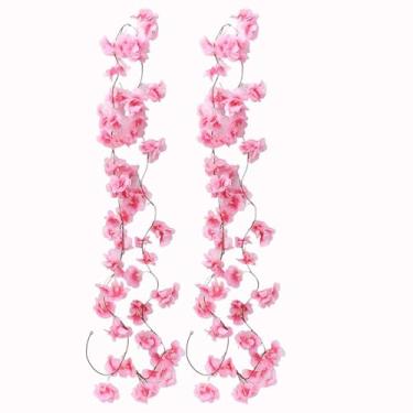 Imagem de 2 peças de videira falsa de flor de cerejeira ao ar livre montada na parede de seda artificial videira flor de cerejeira festa de casamento jardim decoração de casa