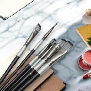 Imagem de Generic Conjunto de 6 pincéis de tinta, conjunto de 6 peças, ponta aplicável, tipo de tinta guache, cerdas de ponta redonda, nylon, madeira, preto, prateado, 20,5 cm