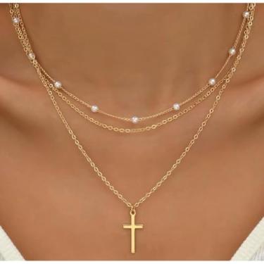 Imagem de Colar em camadas cruzadas para mulheres, pingente de cruz de pérola sintética, três camadas, colar dourado, hipoalergênico, minimalista, crucifixo, pingente, gargantilha, corrente, enfeite leve