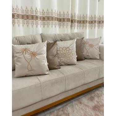Imagem de Kit 5 Capas de Almofadas Decorativas 45x45cm em Tecido Suede com Bordado e Zíper Invisível – Sofá, Cama e Poltrona(Bege C/duplo)