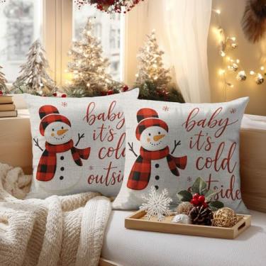 Imagem de HOMETITUTE Conjunto de 2 capas de travesseiro de Natal 45,7 x 45,7 cm de linho decorativo vermelho preto buffalo, xadrez, boneco de neve, bebê, está frio fora de inverno, férias, fazenda, fronhas para