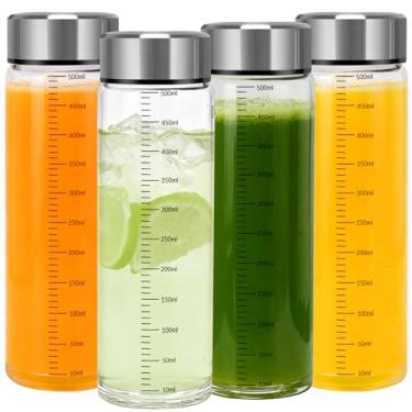 Imagem de Garrafas de suco com tampas – Pacote com 4 copos de boca larga com tampas de aço inoxidável – Recipientes de bebidas reutilizáveis para suco, vitaminas, leite, água – à prova de vazamento, livre de