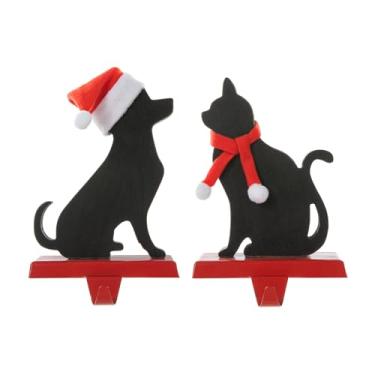 Imagem de Glitzhome Porta-meias de Natal para gatos e cães, conjunto de 2 cornijas de madeira/metal para lareira decoração de férias com tema de animal de estimação com design de cachecol e chapéu