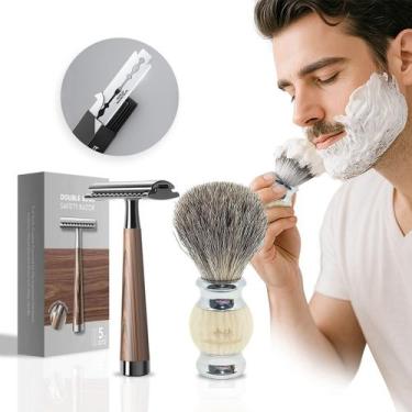 Imagem de Kit Pincel Pelo Escova Texugo Navalha Lâmina Barbearia - SamRoca