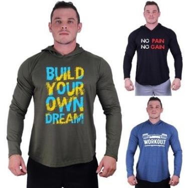 Imagem de Kit 3 Camisetas Manga Longa com Touca Longline Estampada Treino Academia Lazer Casual-Masculino