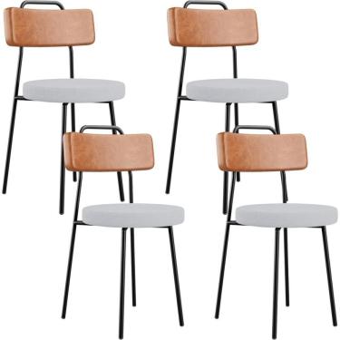 Imagem de Kit 04 Cadeiras Decorativas Estofada Sala Jantar Barcelona L02 Couríssimo Camel Linho Cinza - Lyam