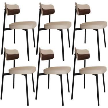 Imagem de Kit 06 Cadeiras Estofada Para Sala De Jantar Astrid Preto C01 Linho Areia Courino Whisky - Lyam Decor